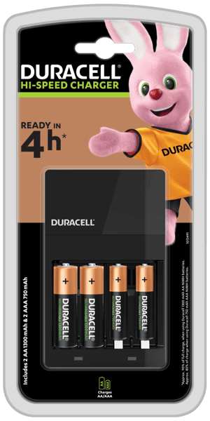 Зарядно за акумулаторни батерии DURACELL Hi-Speed с 2 x AA 1300 mAh и 2 x AAA 750 mAh - Ready in 45min